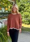 Rust Sweater with Scallop & Contrast Details