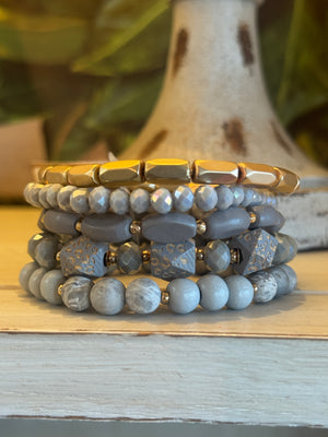 Grey & Gold Beaded Bracelet Set with Cheetah Bead Detail