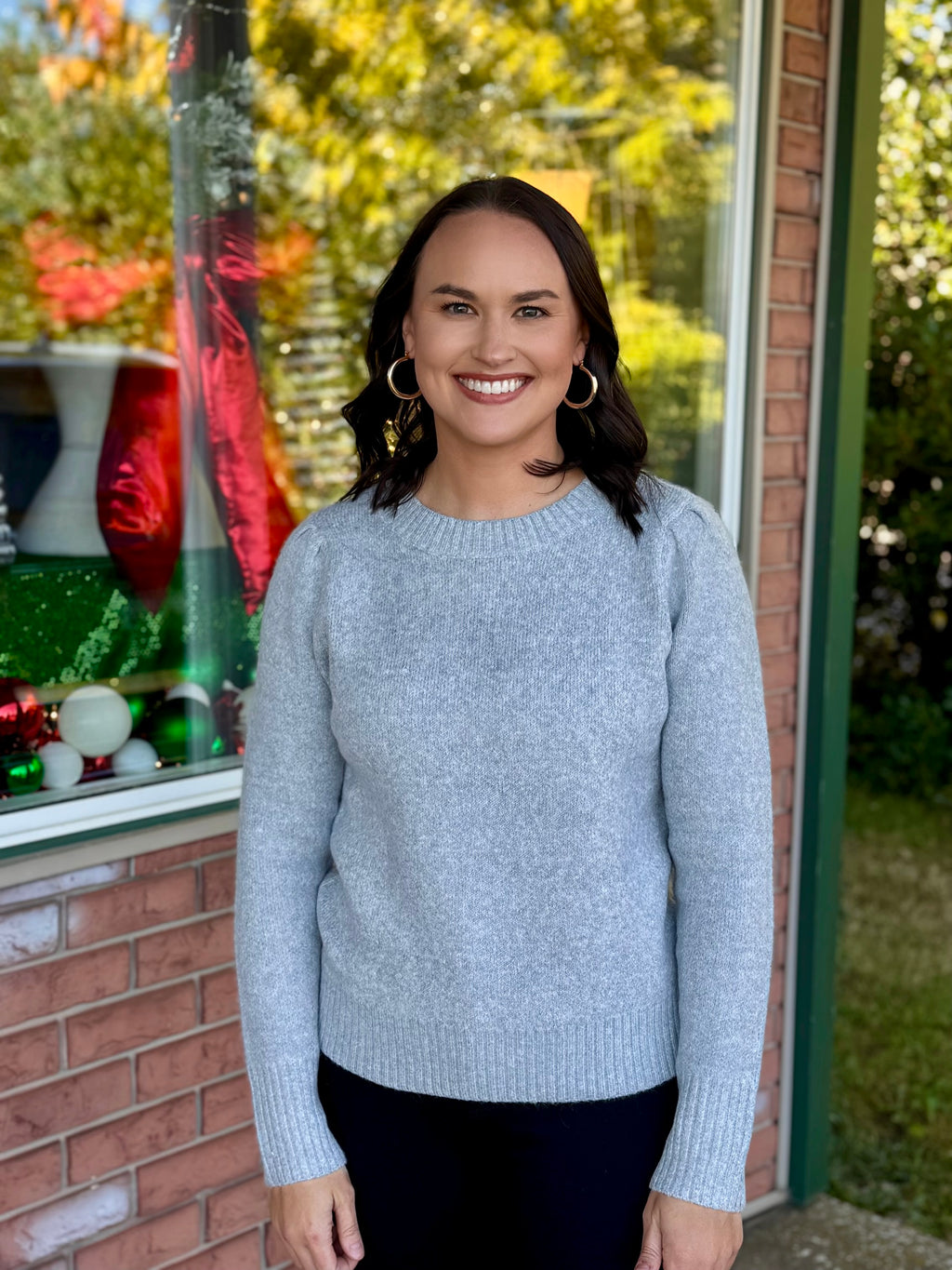 Heather Grey Sweater with Pleated Shoulder Detail
