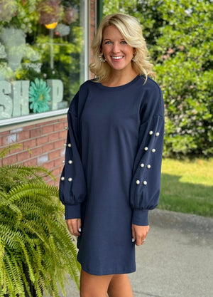 Navy Pearl Detailed Sweatshirt Dress