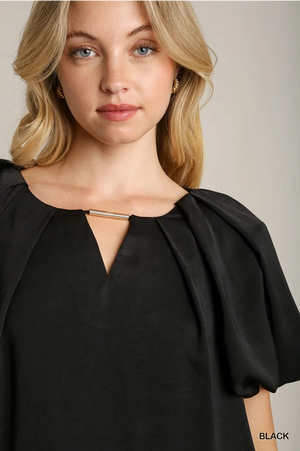 Pleated Black Top with Gold Neckline Detail