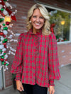 Red Plaid Button Down Top with Ruffle Details