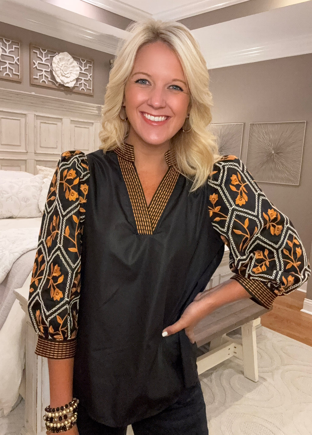 Black Top with Floral Embroidery & Neckline Detail