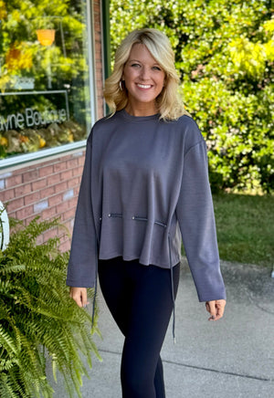 Grey Drawstring Front Waist Top