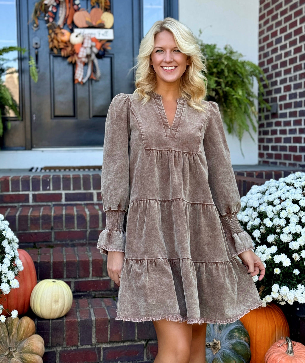 Brown Corduroy Tiered Dress