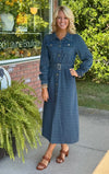 Textured Denim with Gold Button & Belt Details