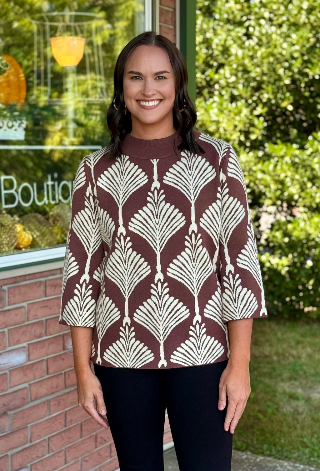 Brown Printed Mock Neck Sweater