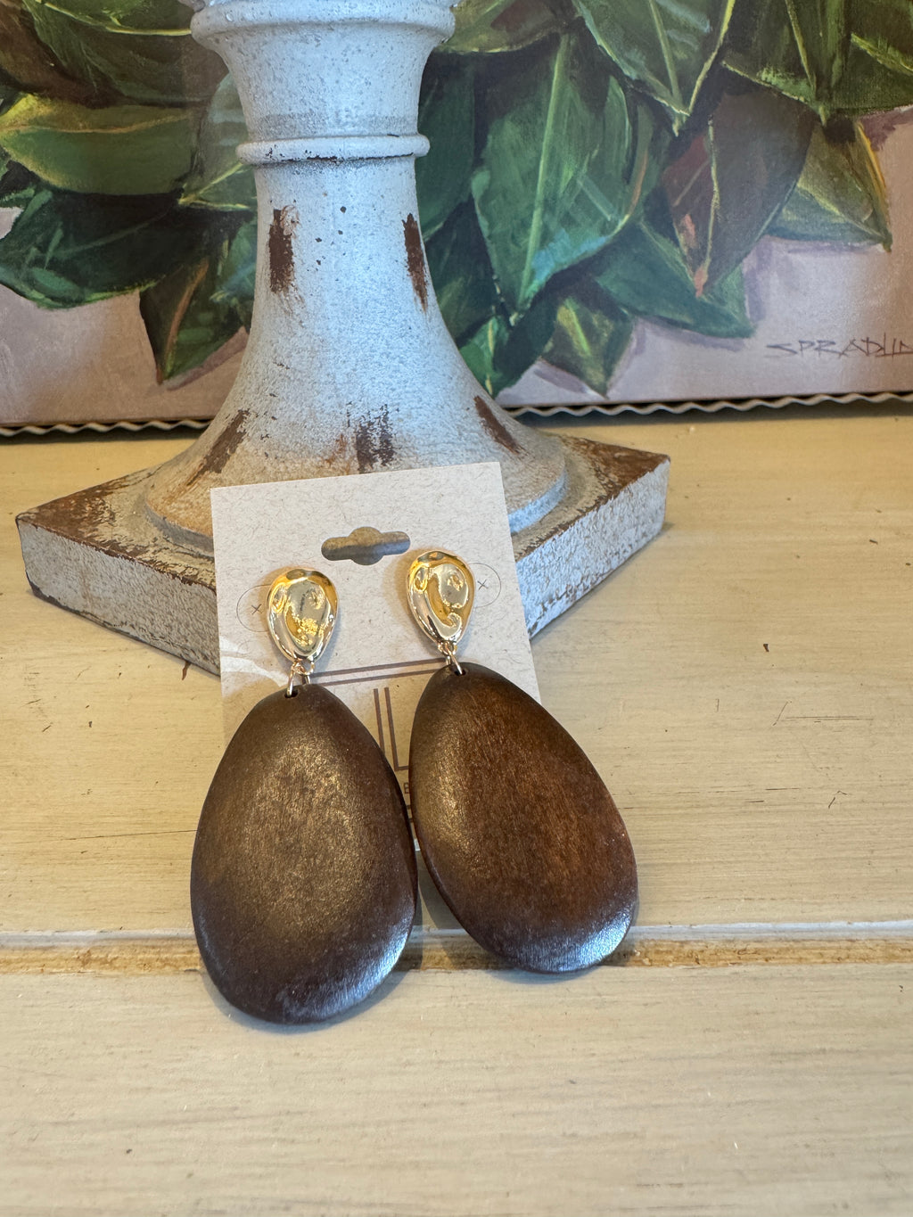 Brown Wood Dangle Statement Earring