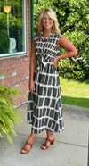 Abstract Print Sleeveless Midi Dress with Tie Waist Detail