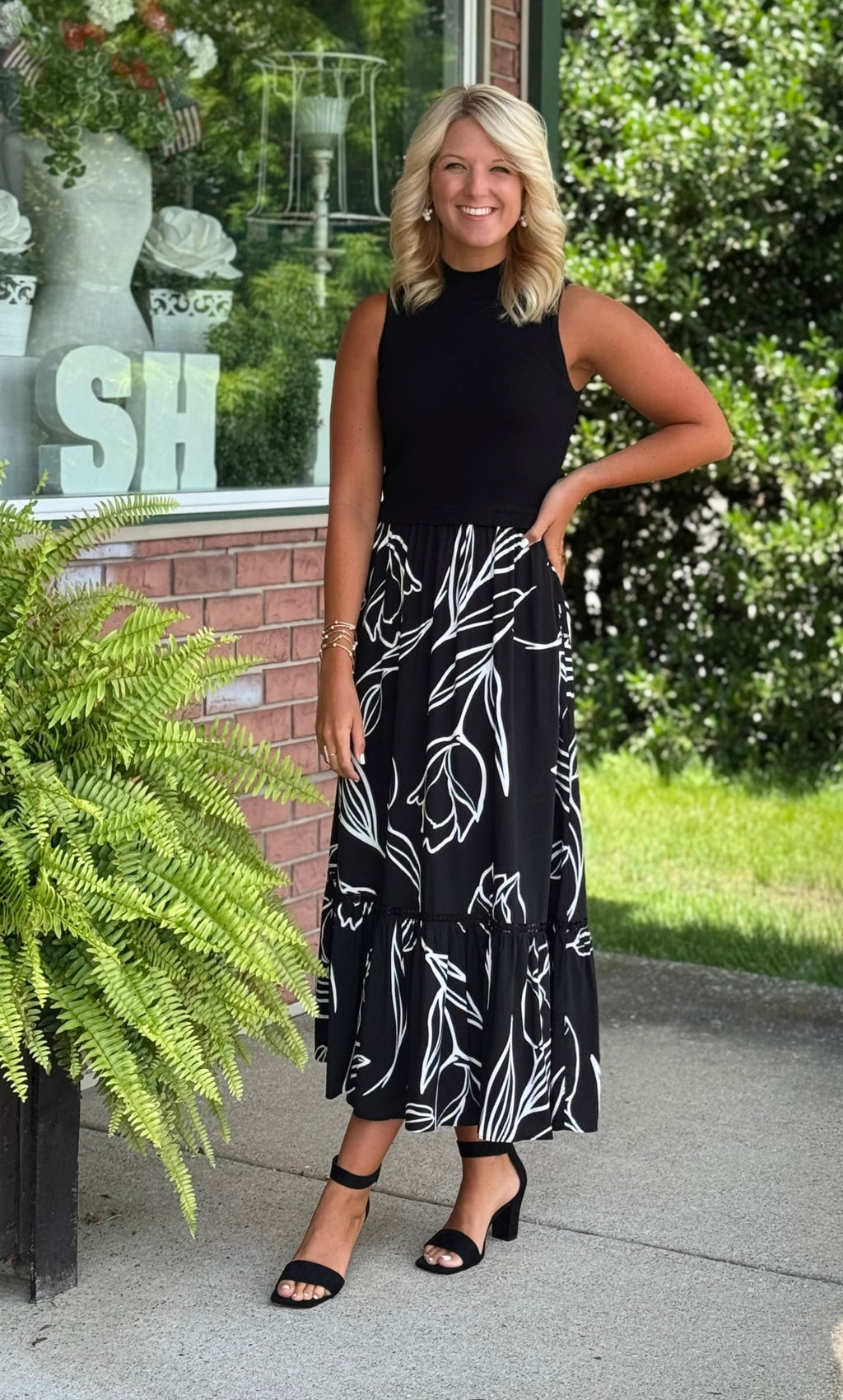 Mix Media Black Dress with Printed Bottom