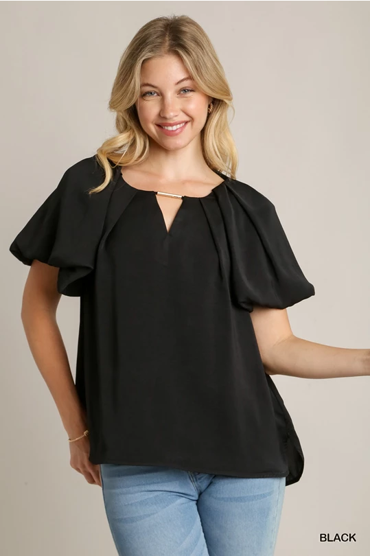 Pleated Black Top with Gold Neckline Detail