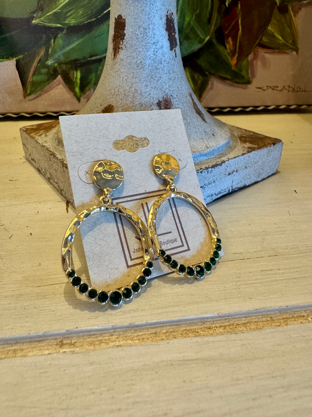 Gold Statement Earring with Emerald Green Rhinestones