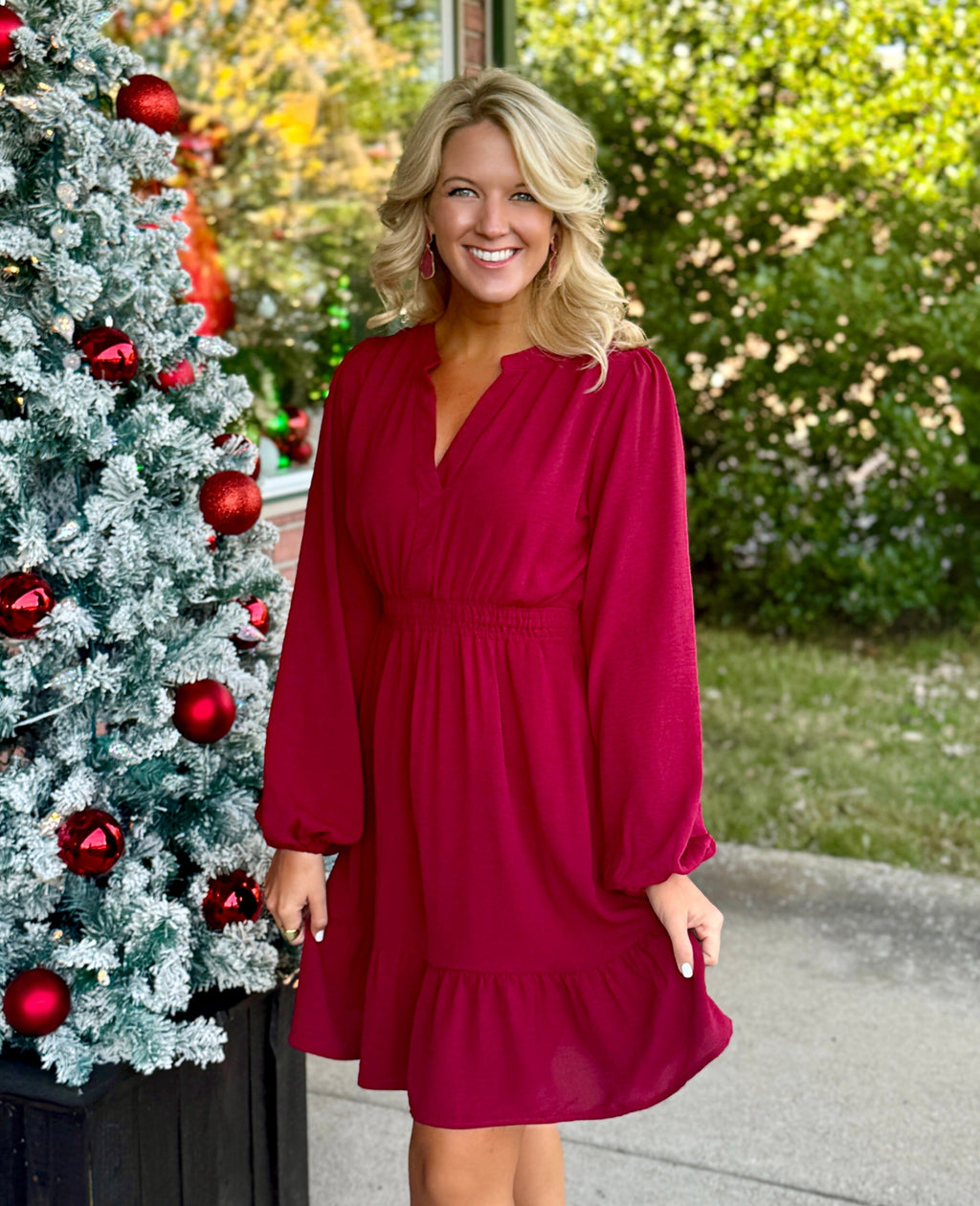 Burgundy Woven Dress with Cinched Waist