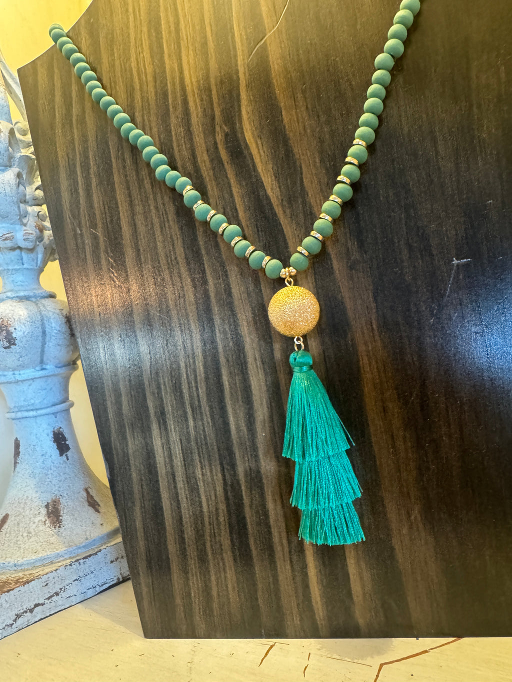 Green Beaded Tassel Necklace