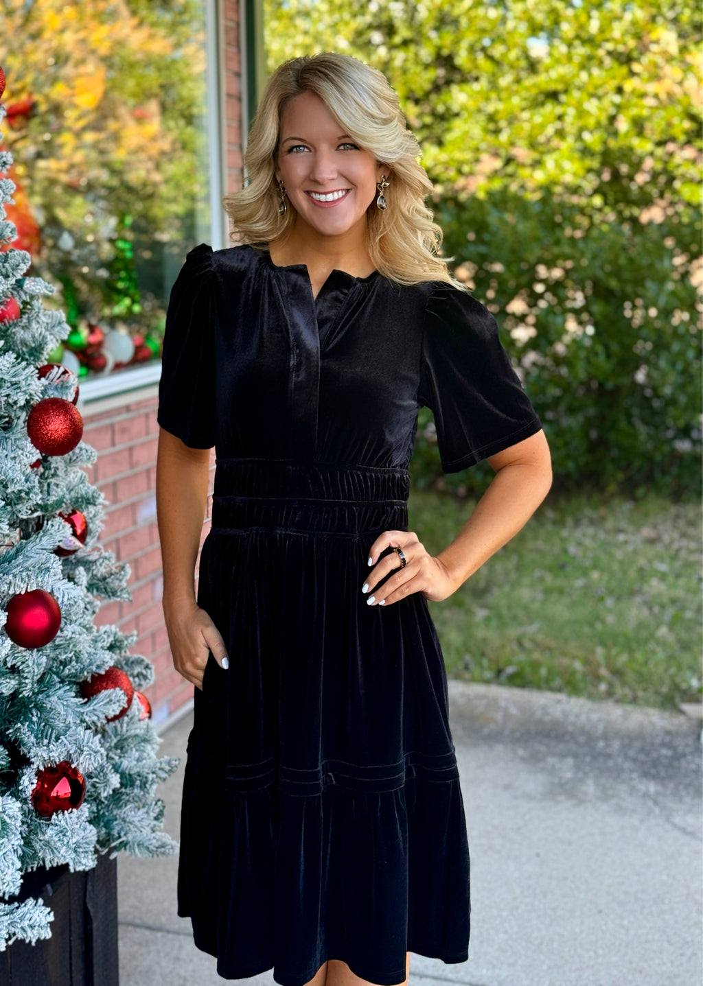 Black Velvet Dress with Cinched Waist