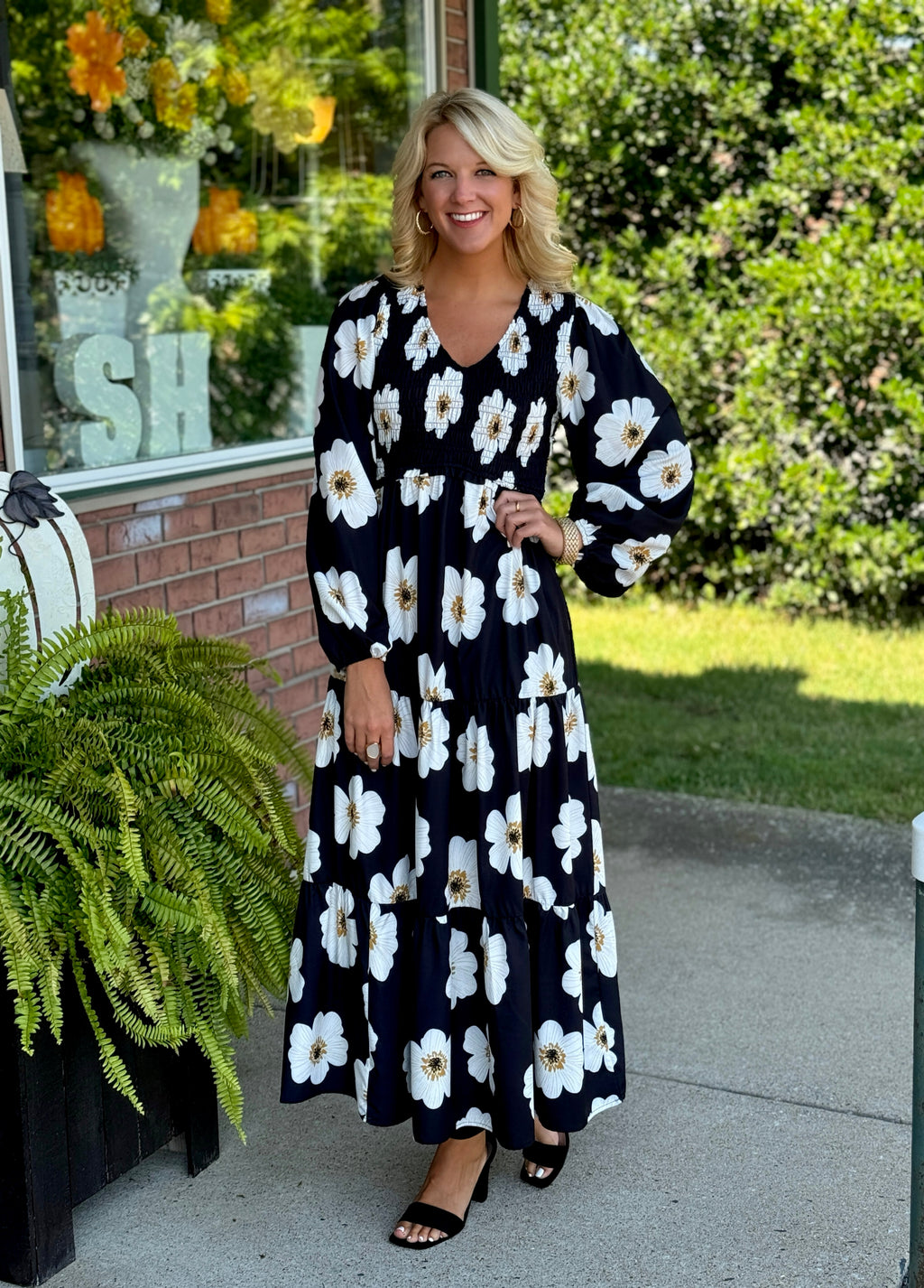 Black Floral Midi Dress with Smocking Detail