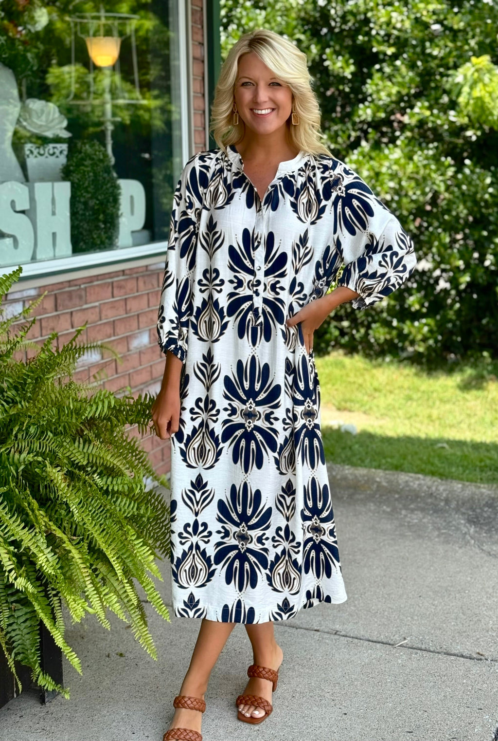 Navy Abstract Printed Midi Dress