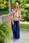 Abstract Printed Batwing Shirt with Smocked Detail