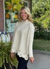 Oatmeal Laser Cut Detailed Sweater with Side Slit