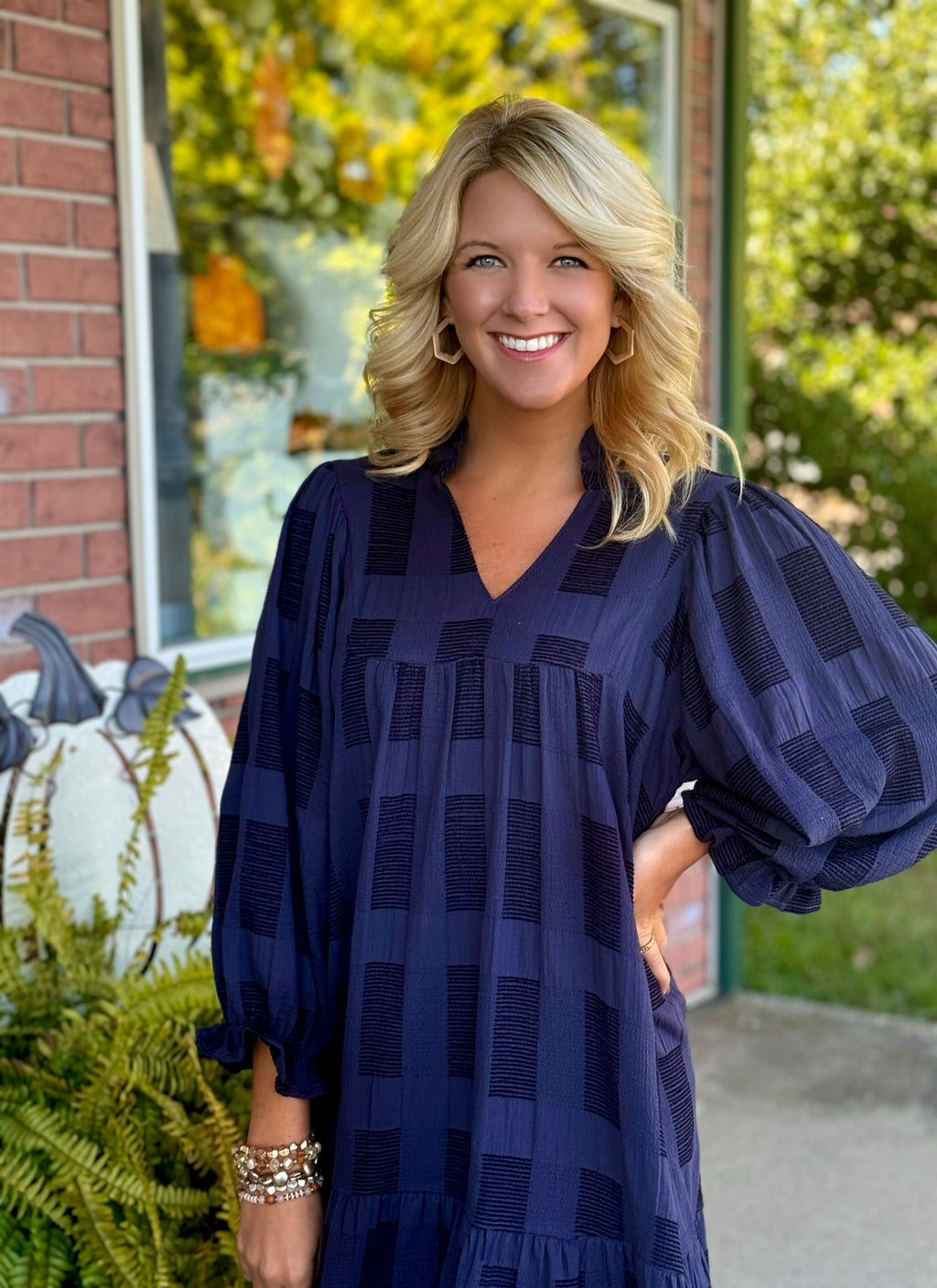 Navy Grid Printed Dress