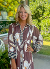 Brown Floral Midi Dress with Contrast Sleeve & Neckline Detail