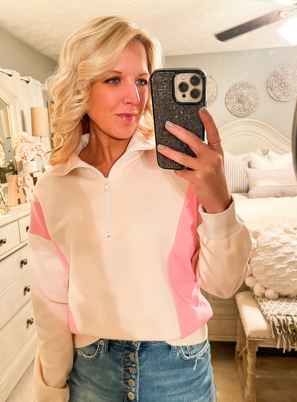 Cream & Pink Colorblock Pullover
