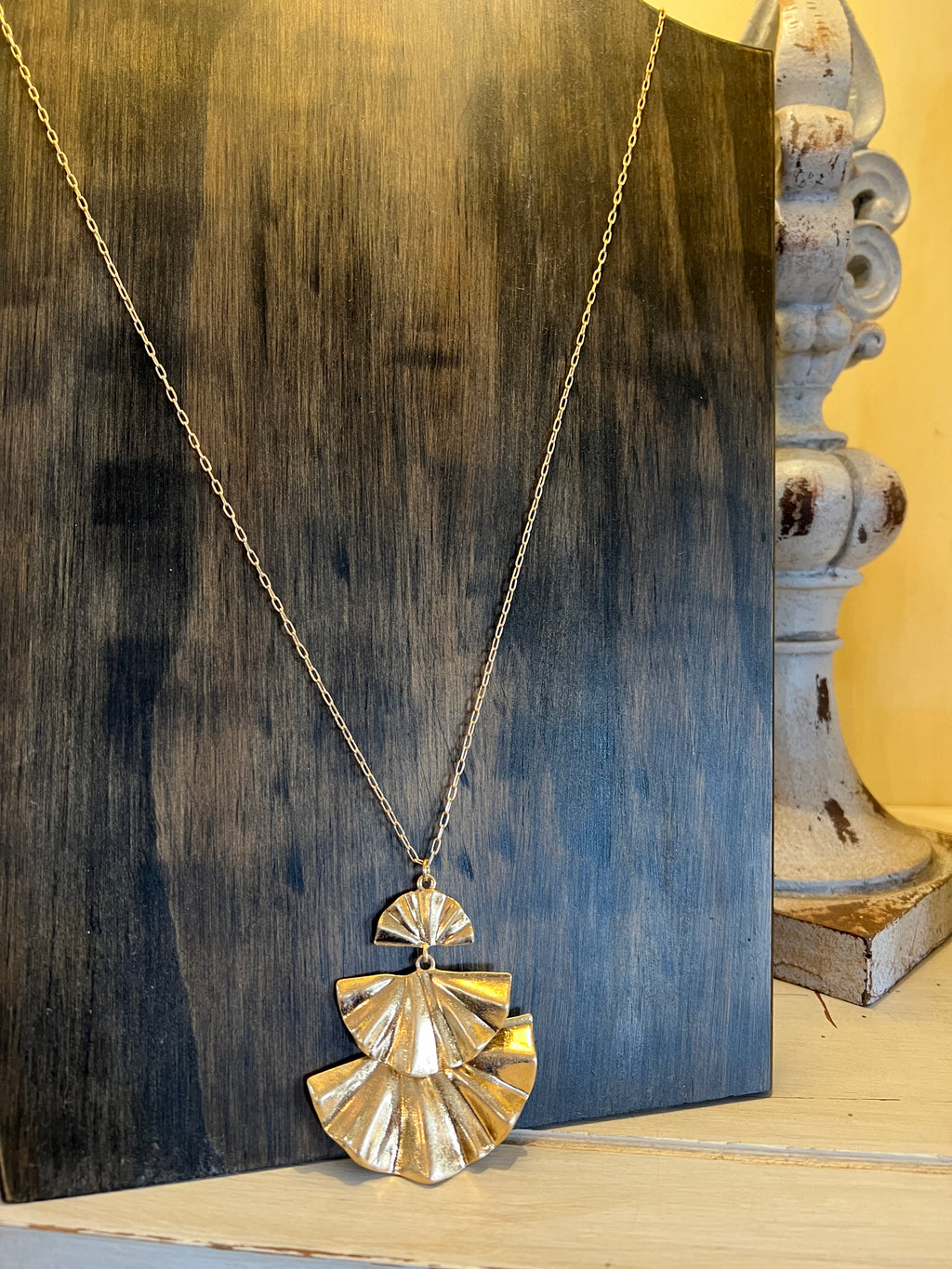 Gold Textured Fan Statement Long Necklace