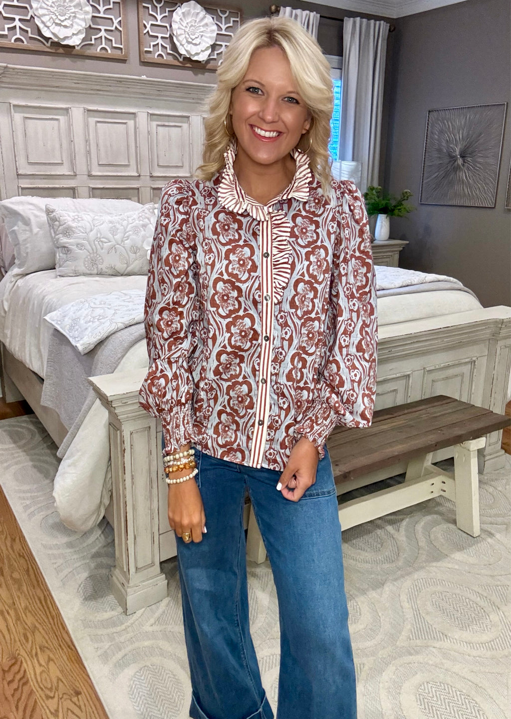 Floral Print Top with Stripe Contrast Neckline
