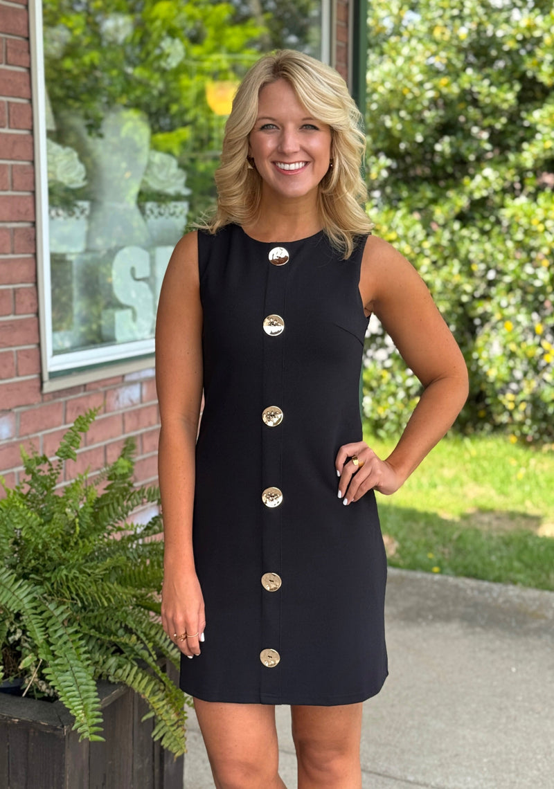 Black Fitted Dress with Gold Button Details