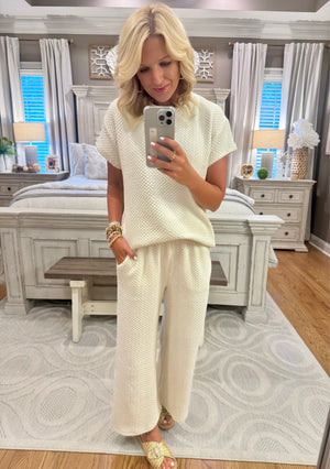 Cream Textured Top and Pant SET