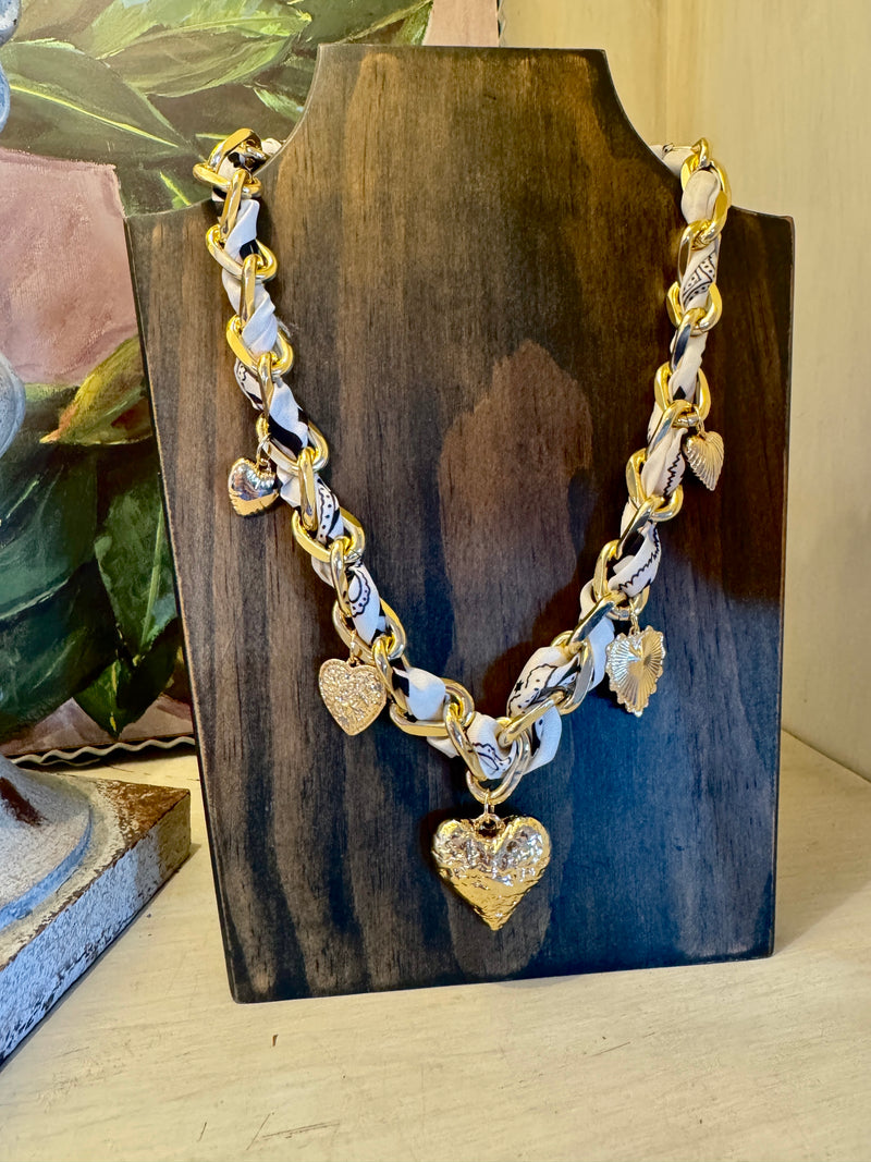 Scarf & Chain Necklace with Heart Charms
