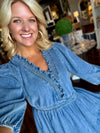 Denim Ruffle Dress with Neckline Detail