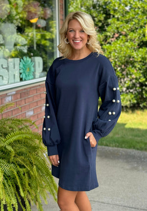 Navy Pearl Detailed Sweatshirt Dress