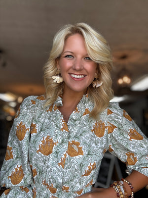 Sage Green Floral Printed Midi Dress with Ruffle Neckline & Smock Waist