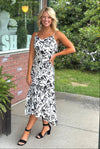 Black & White Floral Midi Dress with Ruffle Bottom