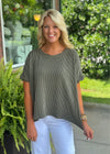 Olive Textured Top with Twisted Neckline