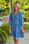 Denim Ruffle Dress with Neckline Detail