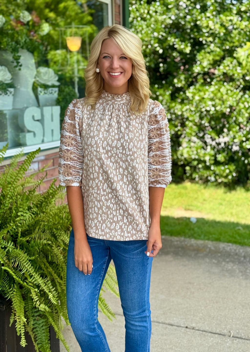 Taupe Cheetah Top with Lace Detail Puff Sleeve