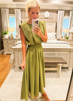 Olive Cropped Bubble Top & Pleated Skirt SET