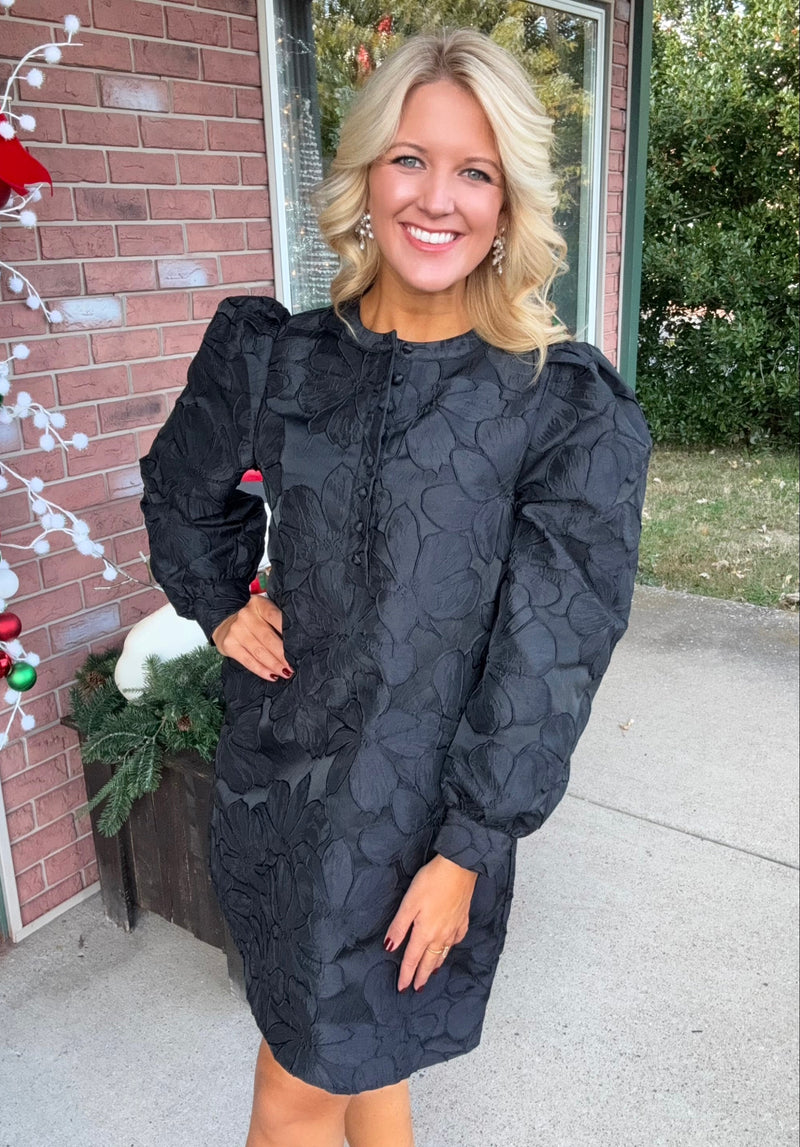 Black Floral Textured Dress with Puff Sleeves