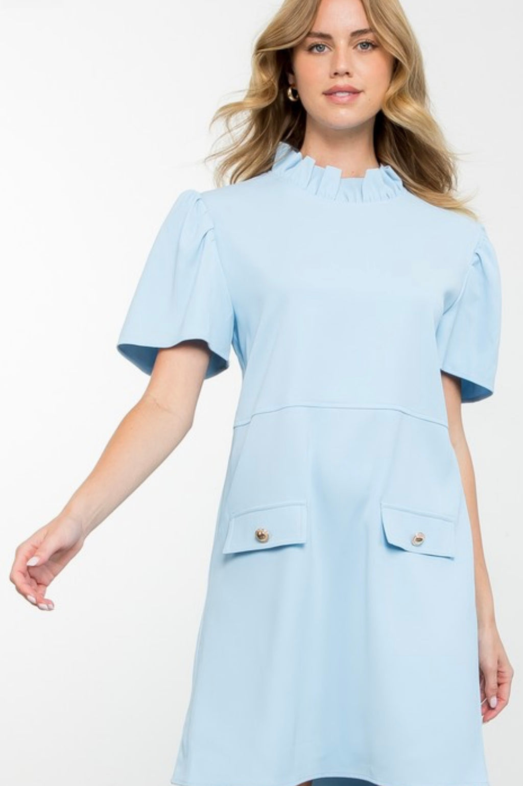 Baby Blue Short Sleeve Dress with Gold Button Pocket Detail