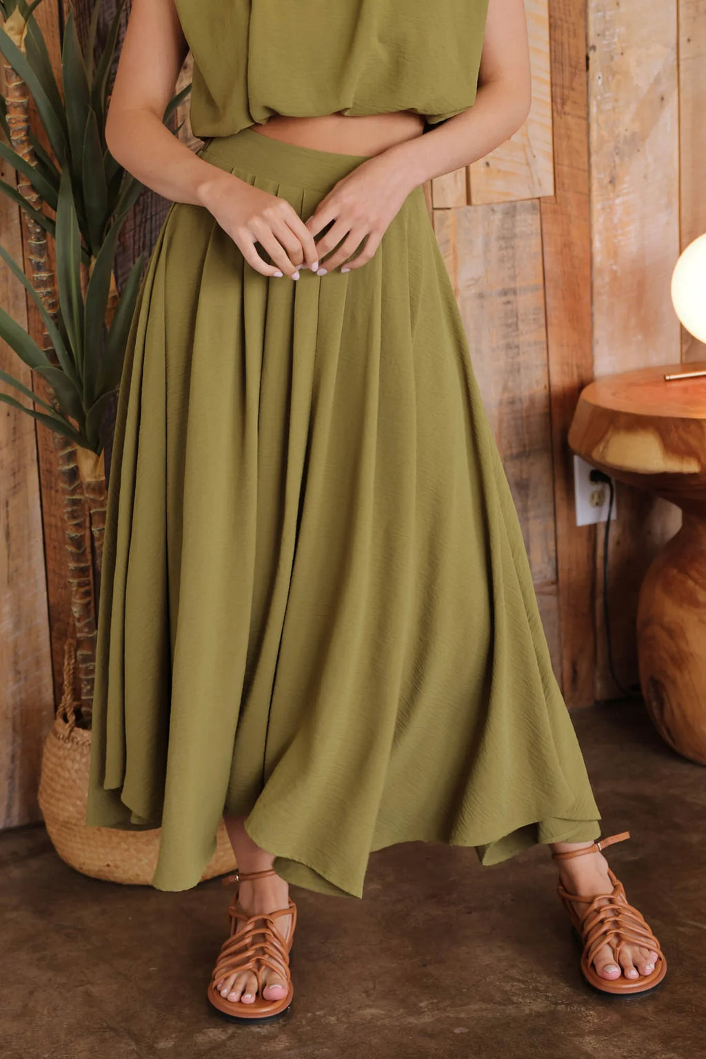 Olive Cropped Bubble Top & Pleated Skirt SET