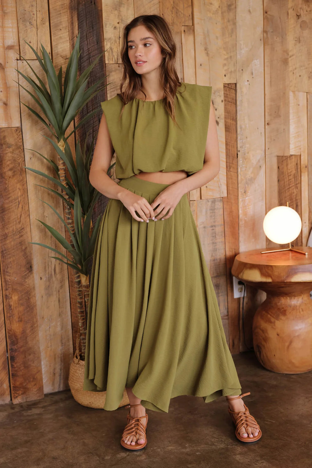 Olive Cropped Bubble Top & Pleated Skirt SET