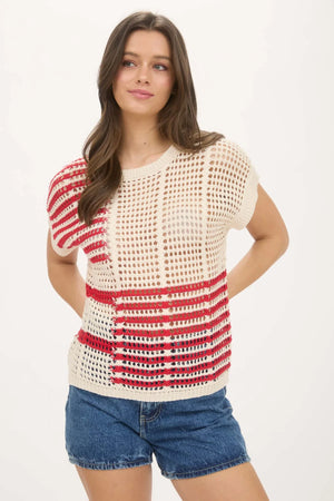 Red Multi Stripe Crochet Knit Top