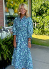 Blue Floral Printed Midi Dress with Ruffle Neckline & Smock Waist