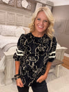 Floral Burn Out Velvet Top with Stripe Sleeve Detail