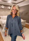 Navy Stripe Half Zip Top with Contrast Neckline