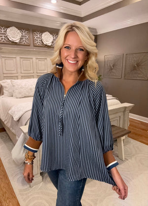 Navy Stripe Half Zip Top with Contrast Neckline
