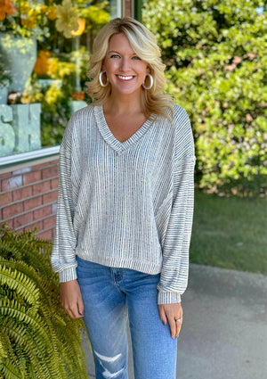 Striped Drop Shoulder Vneck Top