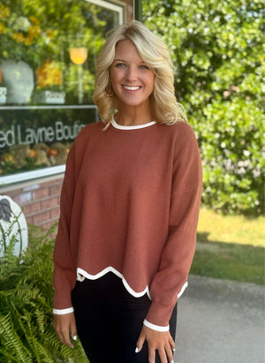 Rust Sweater with Scallop & Contrast Details